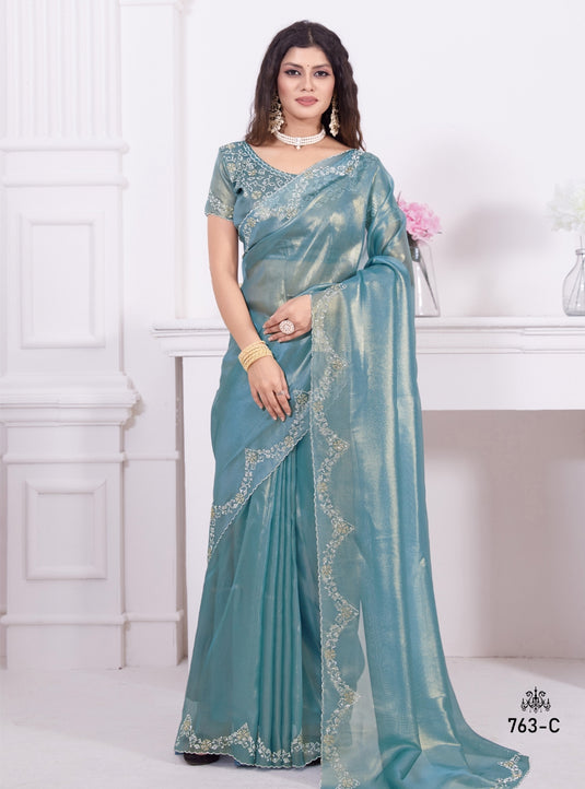 Sky Blue Beautiful Premium Metallic Organza Stone Work Saree