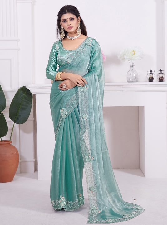 Sea Green Radiant Premium Metallic Organza Stone Work Saree