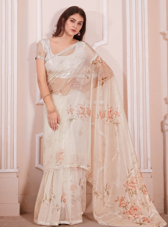 Beige Graceful Premium Metallic Organza Floral Digital Printed Saree