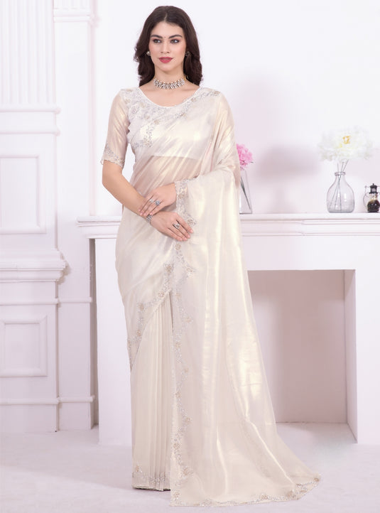 White Beautiful Premium Metallic Organza Stone Work Saree