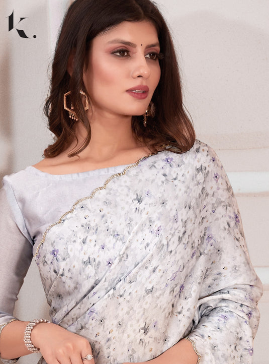 Grey Elegant Premium Satin Floral Digital Printed Saree