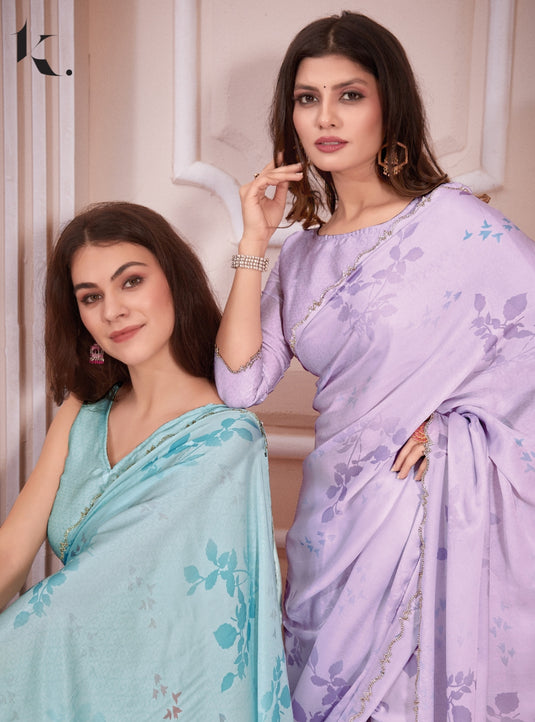 Sky Blue Trendy Premium Satin Floral Digital Printed Saree