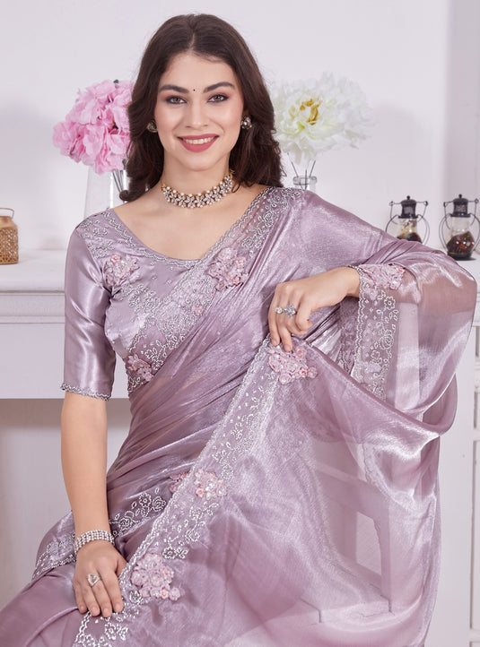 Onion Radiant Premium Metallic Organza Stone Work Saree