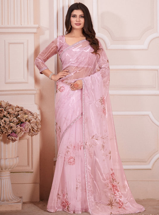 Pink Graceful Premium Metallic Organza Floral Digital Printed Saree