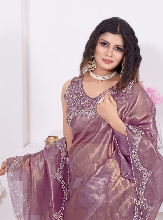 Purple Beautiful Premium Metallic Organza Stone Work Saree