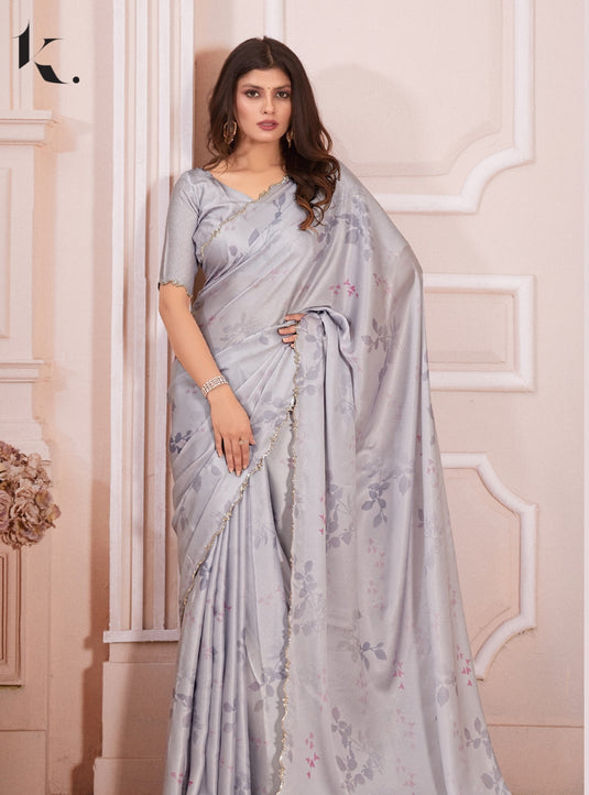 Grey Trendy Premium Satin Floral Digital Printed Saree