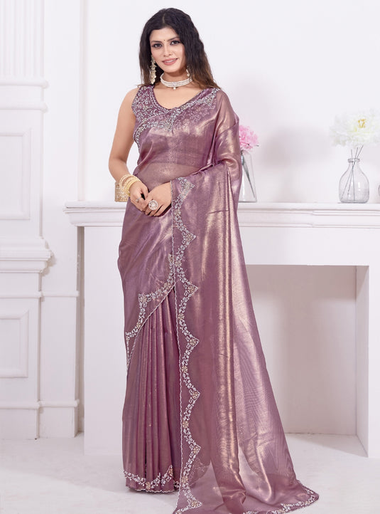 Purple Beautiful Premium Metallic Organza Stone Work Saree