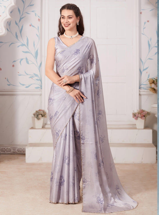 Grey Graceful Premium Satin Floral Digital Printed Saree