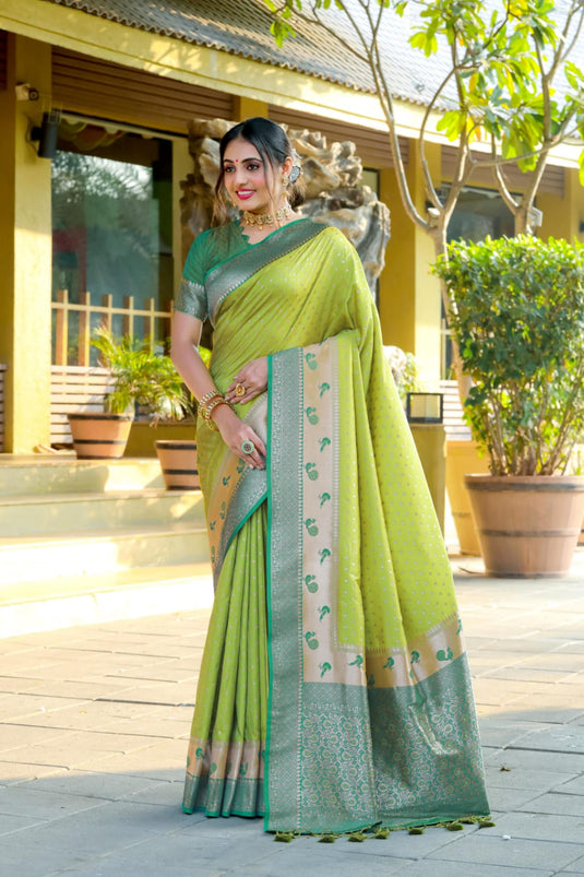 Light Green Banarasi Soft Silk Zari Weaving Paithani Saree With Beautiful Contrast Peacock Border