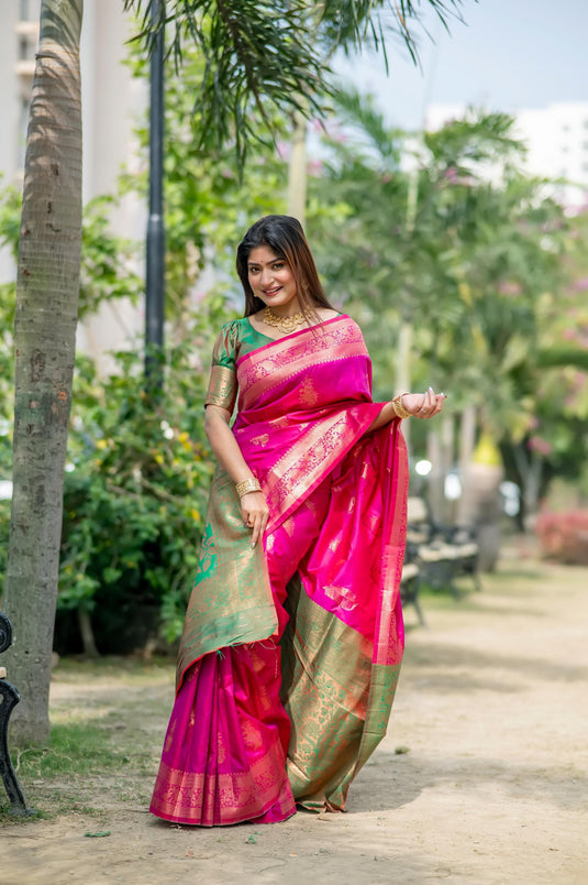 Pink Soft Banarasi Silk Zari Weaving Pattern Saree