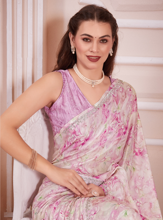 Pink Radiant Premium Satin Floral Digital Printed Saree