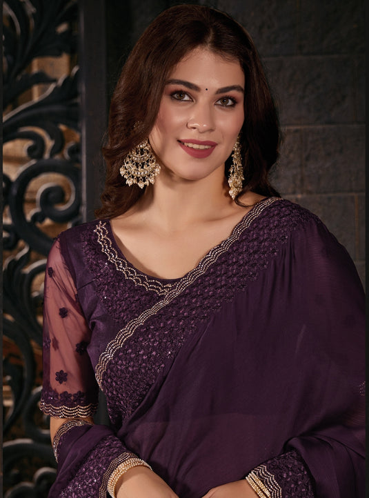 Violet Graceful Chiffon Thread Embroidered Stone Work Saree