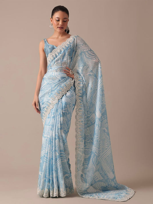 Sky Blue Abstract Digital Printed Designer Saree