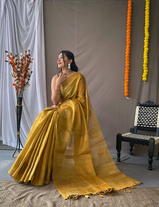 Mustard Yellow Classic Tissue Silk Zari Weaving With Mango Border Saree