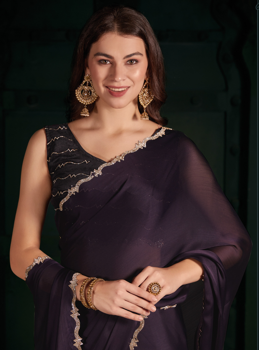 Violet Latest Georgette Silk Plain Handwork Border Saree