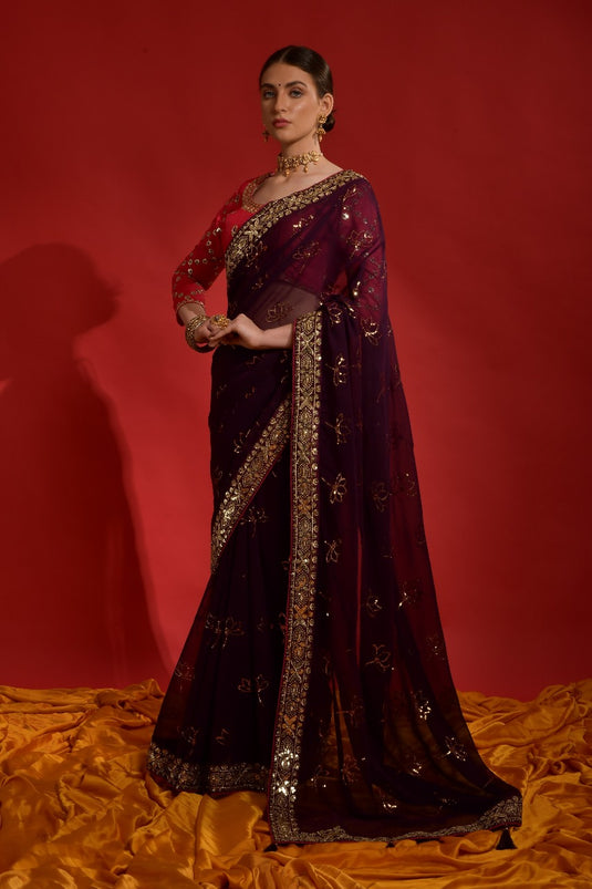 Wine Premium Georgette Sequence Embroidered Work Saree