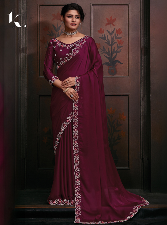 Maroon Elegant Premium Satin Silk Swarovski Work Saree