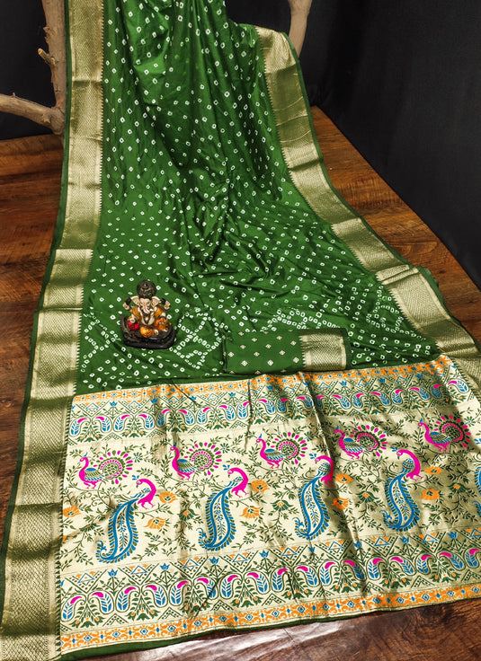 Green Premium Dola Silk Traditional Bandej Saree With Zari Weaving Border