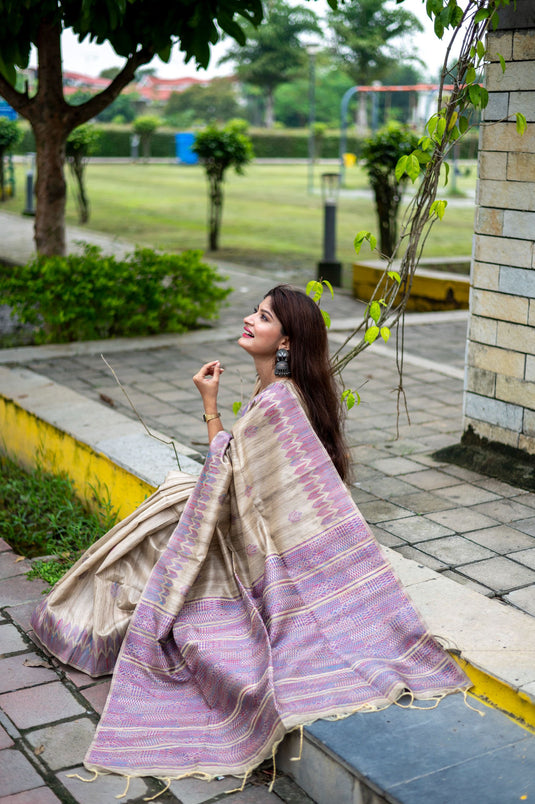 Beige-Lavender Classic Tussar Silk Traditional Weaving Pattern Saree