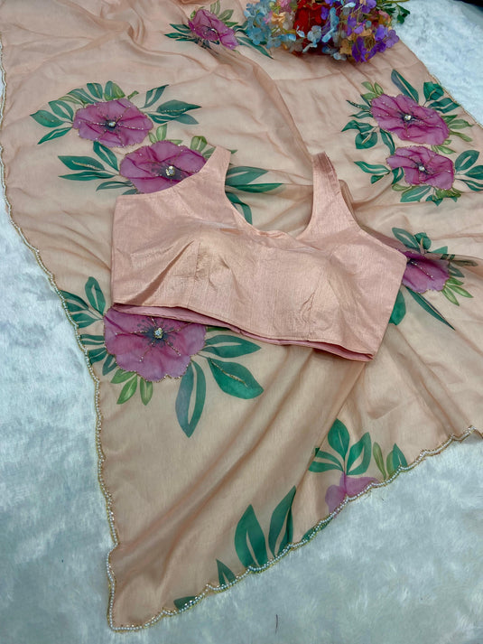 Peach Taby Organza Floral Print Hand Cutdana Work Saree