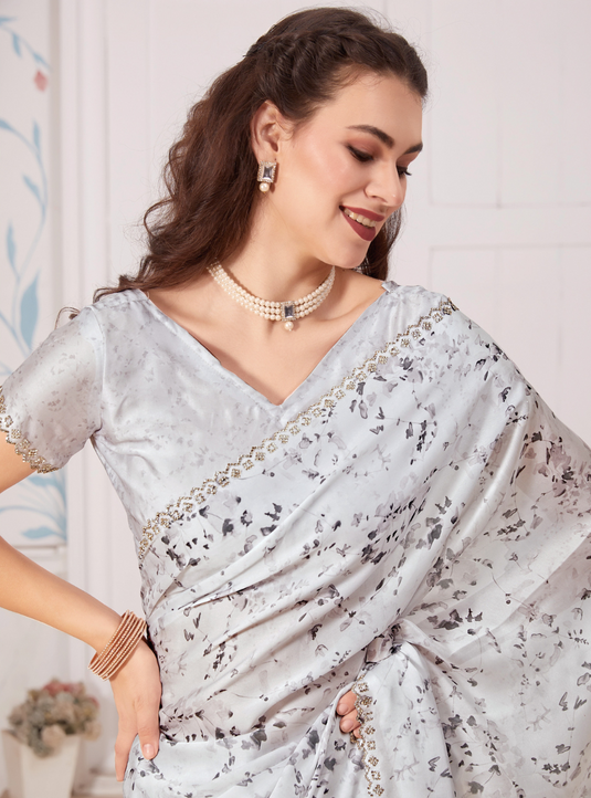 Grey Elegant Premium Satin Floral Digital Printed Saree