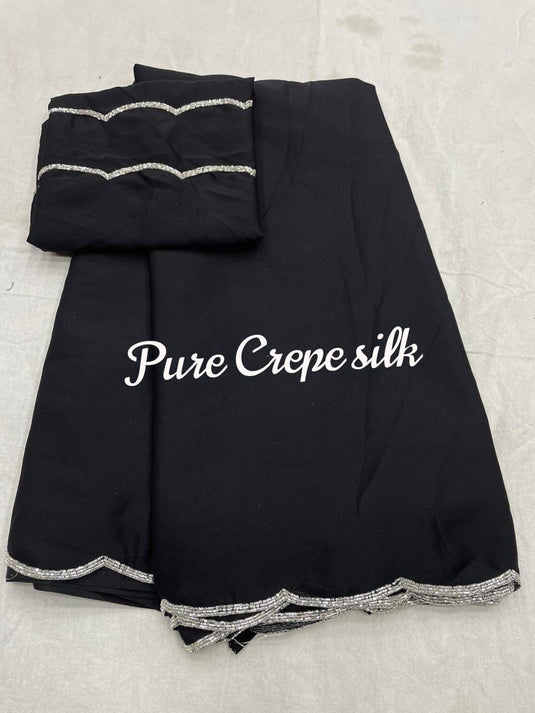 Black Pure Crepe Silk Handwork Border Saree