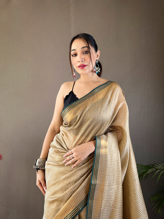 Beige-Green Soft Silk Zari Check Weaving Design Saree