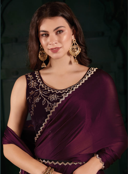 Wine Radiant Georgette Silk Plain Handwork Border Saree