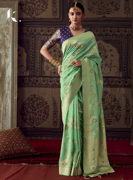 Mint Green Pure Dola Silk Meenakari Weaving Traditional Saree