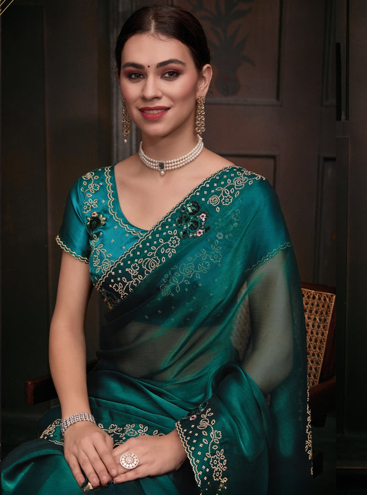 Green Radiant Premium Metallic Organza Stone Work Saree