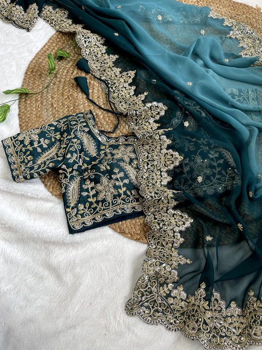 Teal Blue Pure Soft Georgette Silk Heavy Border Embroidered Saree