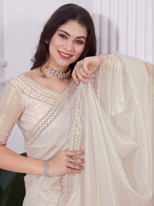 White Stunning Premium Metallic Organza Stone Work Saree