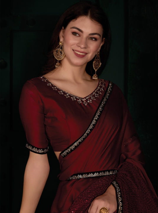 Maroon Radiant Premium Satin Sequence Embroidered Work Saree