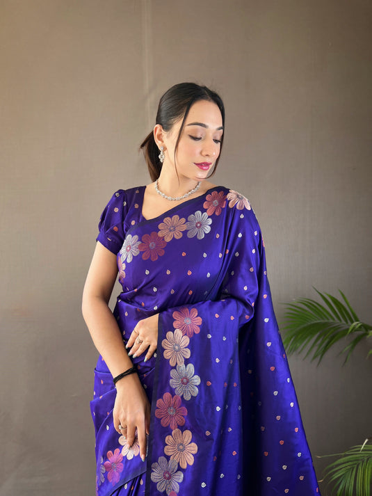 Purple classic soft silk copper and gold floral weaving saree