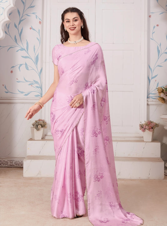 Pink Graceful Premium Satin Floral Digital Printed Saree