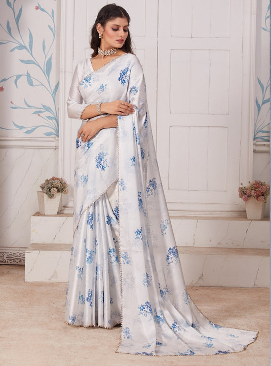 White Graceful Premium Satin Floral Digital Printed Saree