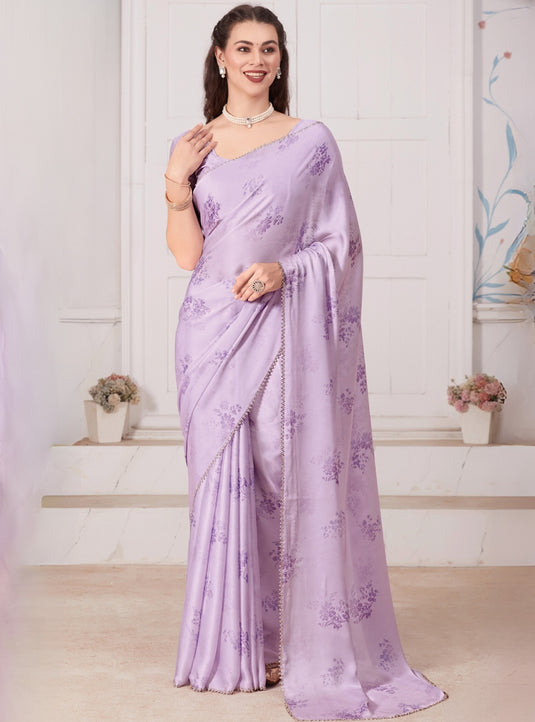 Lavender Graceful Premium Satin Floral Digital Printed Saree