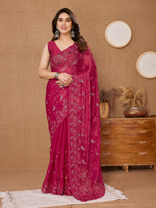 Dark Pink Designer Burberry Silk Sequence Embroidered Work Saree