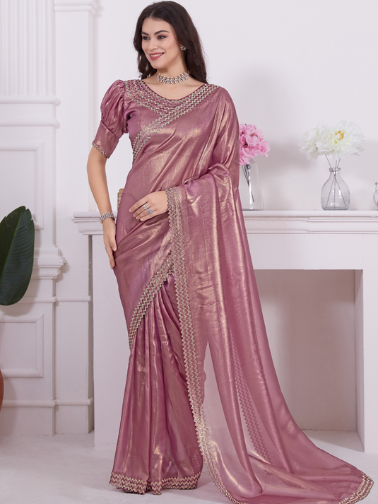 Pink Stunning Premium Metallic Organza Stone Work Saree