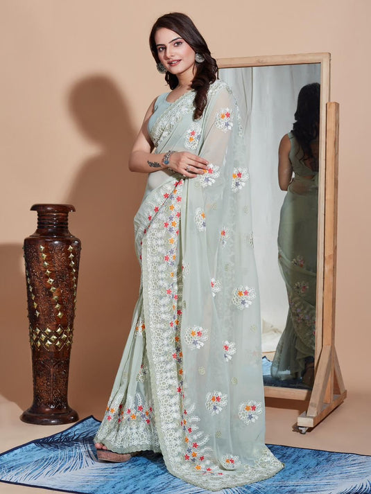 Light Green Soft Georgette Thread Embroidered Work Saree