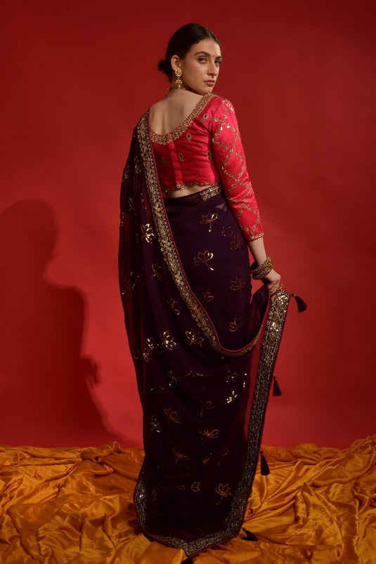 Wine Premium Georgette Sequence Embroidered Work Saree