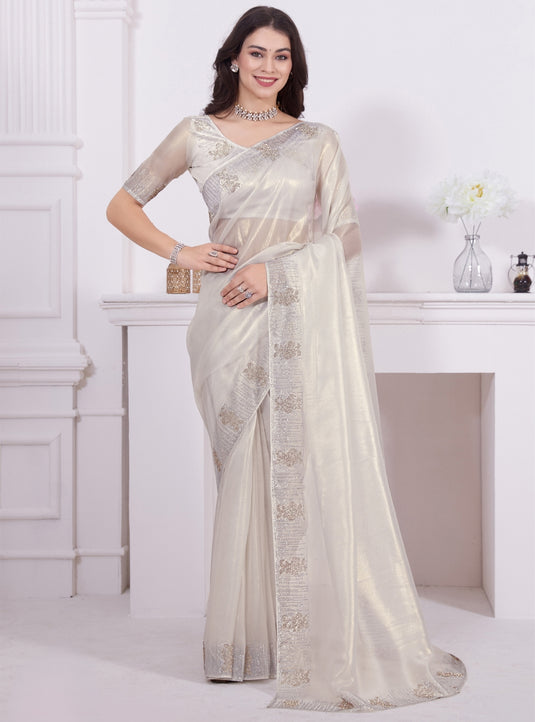 White Graceful Premium Metallic Organza Stone Work Saree