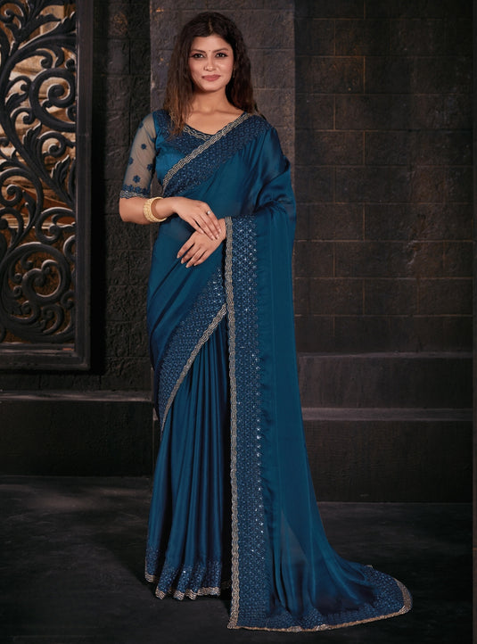 Teal Blue Graceful Chiffon Thread Embroidered Stone Work Saree