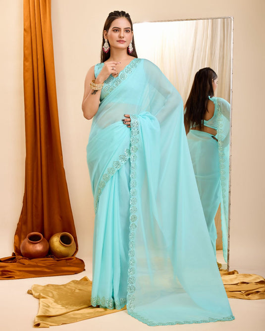 Sky Blue Taby Organza Silk Copper Sequence Work Saree