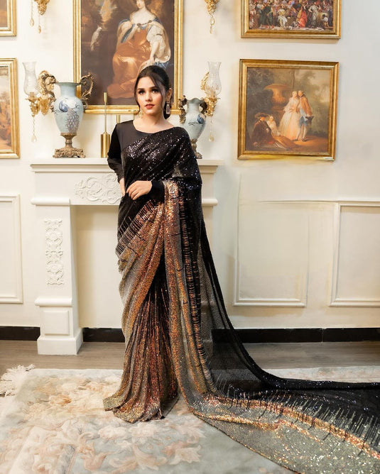 Black Sequence Embroidered Ombre Cocktail Wear Saree