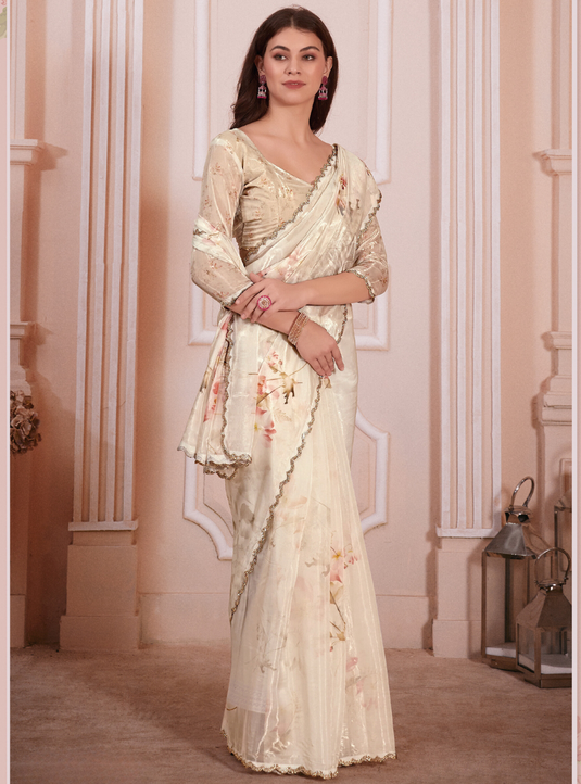 Beige Effortless Premium Metallic Organza Floral Digital Printed Saree