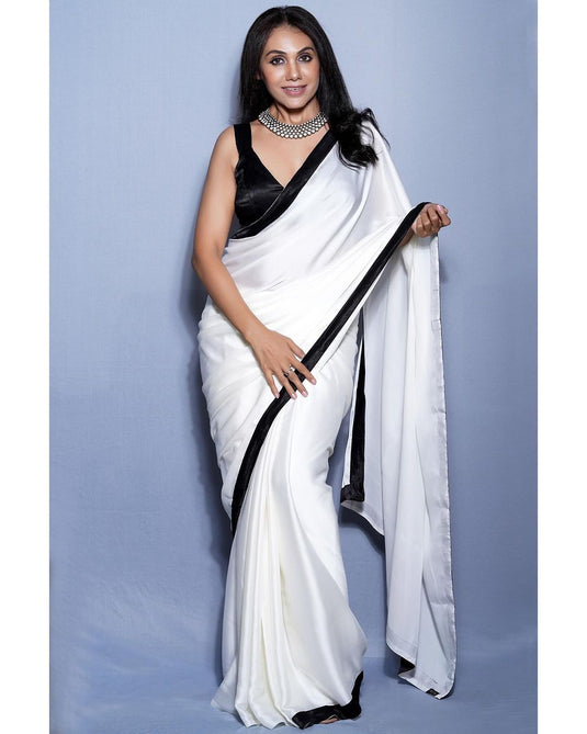 White Elegant Premium Satin Silk Saree