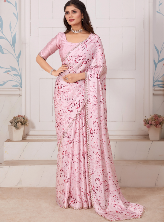 Pink Elegant Premium Satin Floral Digital Printed Saree