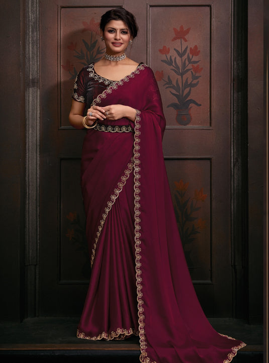 Maroon Stunning Premium Satin Silk Swarovski Work Saree