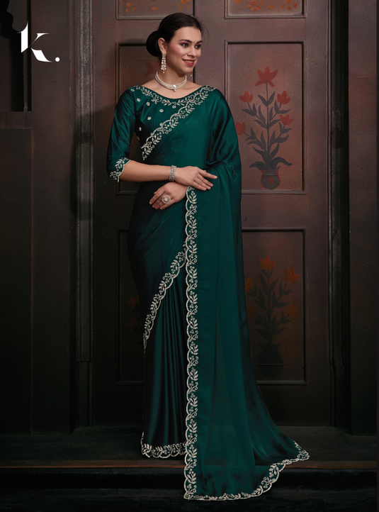 Bottle Green Elegant Premium Satin Silk Swarovski Work Saree